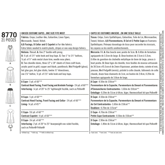 Patrón de costura Simplicity 8770 Capas de disfraz unisex