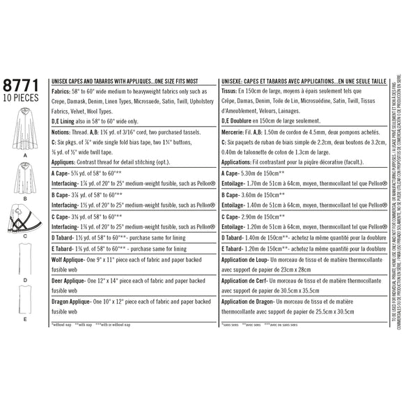 Patrón de costura Simplicity 8771 Capas unisex
