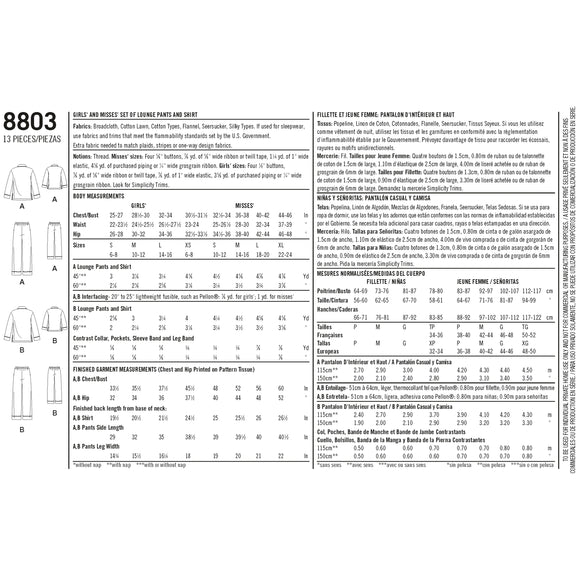Patrón de costura Simplicity 8803 Conjunto de pantalón y camisa de estar por casa para niñas y señoritas