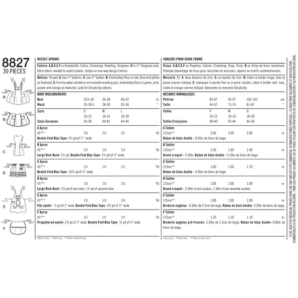 Pattern 8827 Misses' Aprons