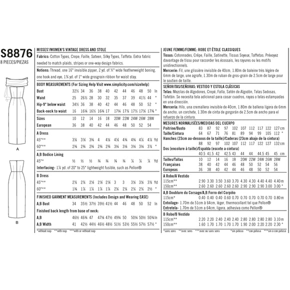 Patrón de costura Simplicity S8876 Vestido y estola vintage para mujer/señorita