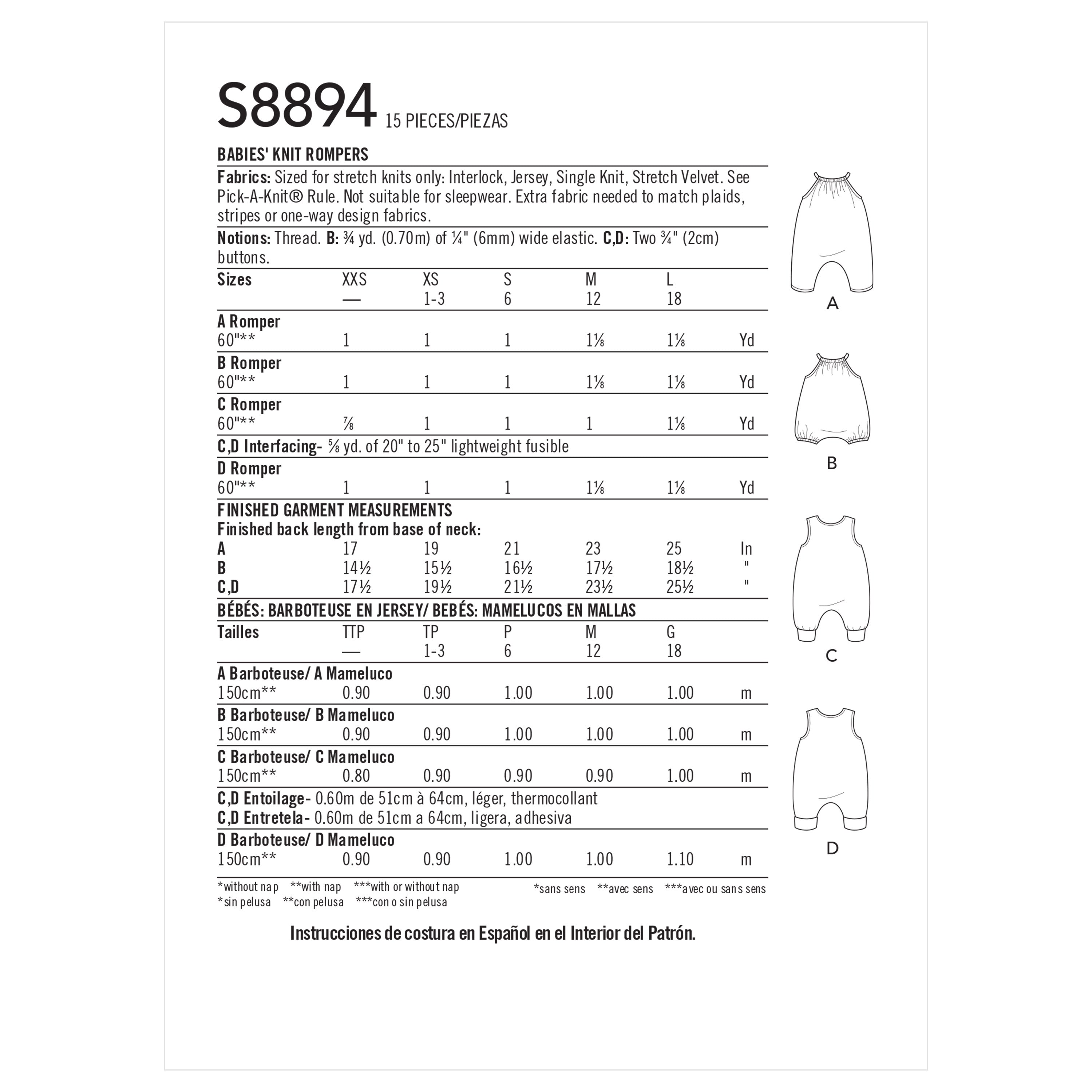 Patrón de costura Simplicity S8894 Monos para bebés diseñados para tejidos elásticos