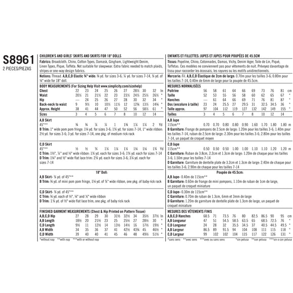 Simplicity Sewing Pattern S8961 Children's, Girls', and Dolls' Skirts