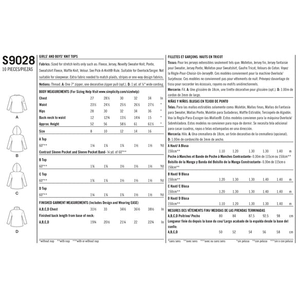 Simplicity Sewing Pattern S9028 Girls' & Boys' Knit Tops with Hoodie