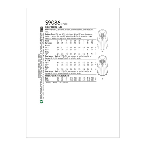 Patrón de costura Simplicity S9086 Abrigo de traje steampunk para señoras