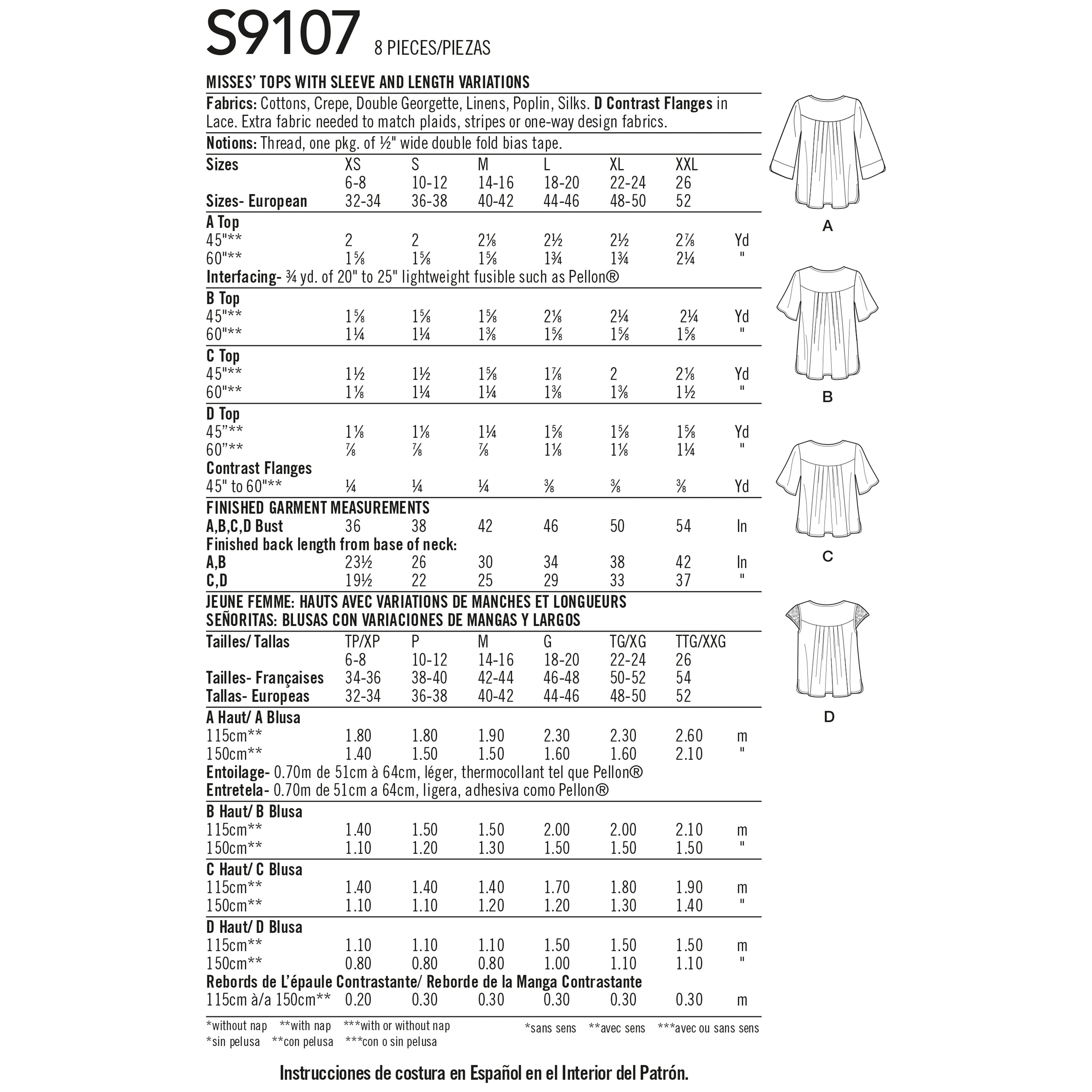 Simplicity Sewing Pattern S9107 Misses' Tops