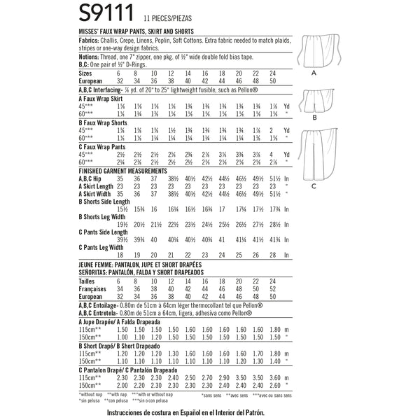 Simplicity Sewing Pattern S9111 Misses' Faux Wrap trousers, Skirt & Shorts