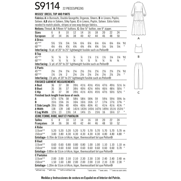 Simplicity Sewing Pattern S9114 Misses' Dress, Top & Trousers