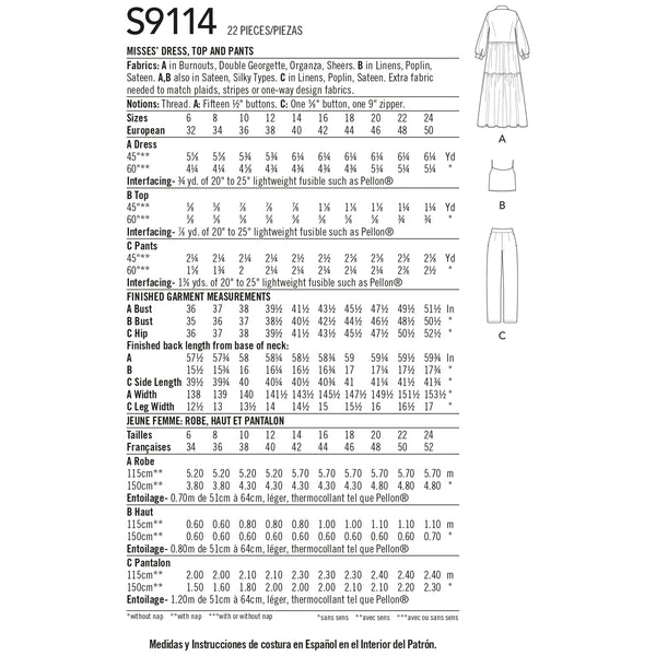 Simplicity Sewing Pattern S9114 Misses' Dress, Top & Trousers