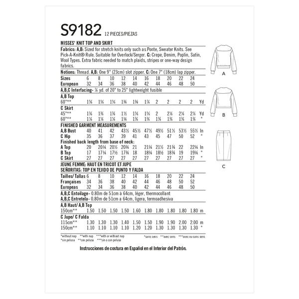 Simplicity Sewing Pattern S9182 Misses' Knit Top and Skirt