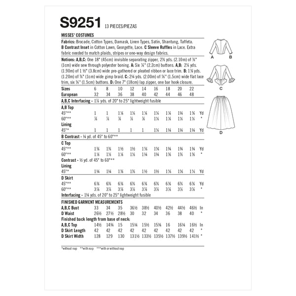 Simplicity Sewing Pattern S9251 Misses' Costumes