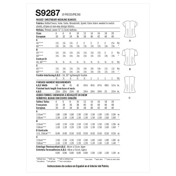 Simplicity Sewing Pattern S9287 Misses' Sweetheart-Neckline Blouses