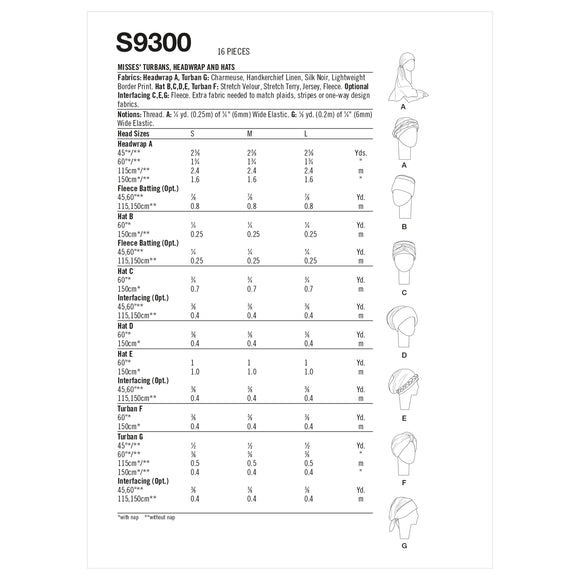 Patrón de costura Simplicity S9300: turbantes, pañuelos y sombreros para mujeres