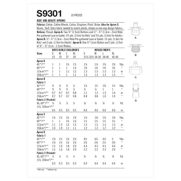 Patrón de costura Simplicity S9301 Delantales para niños y adultos