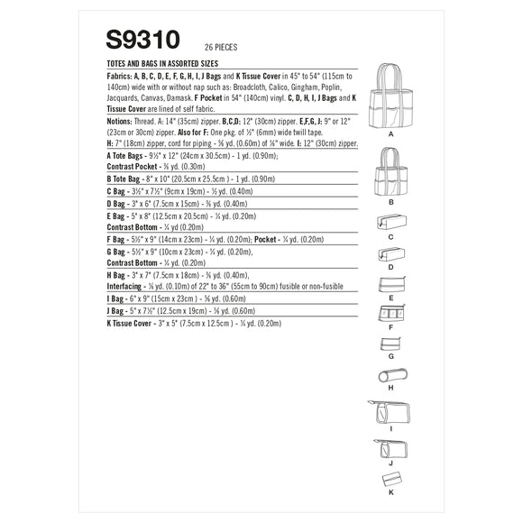 Simplicity Sewing Pattern S9310 Totes & Bags In Assorted Sizes