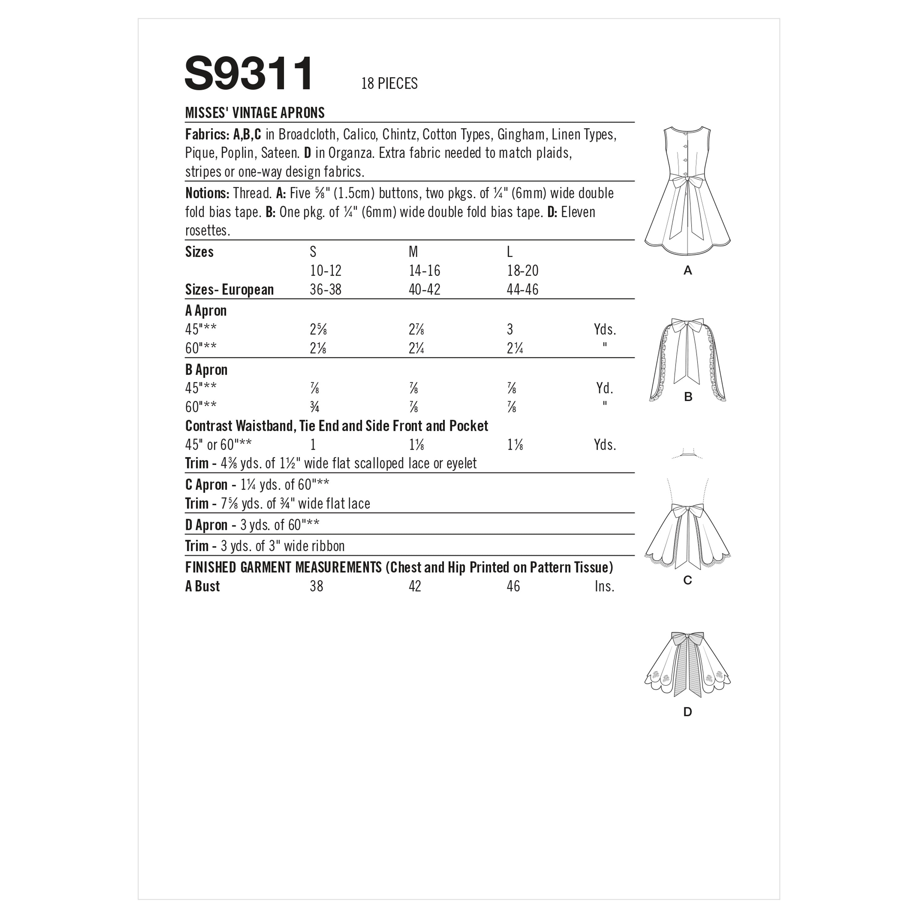 Patrón de costura Simplicity S9311 Delantales vintage para señoras