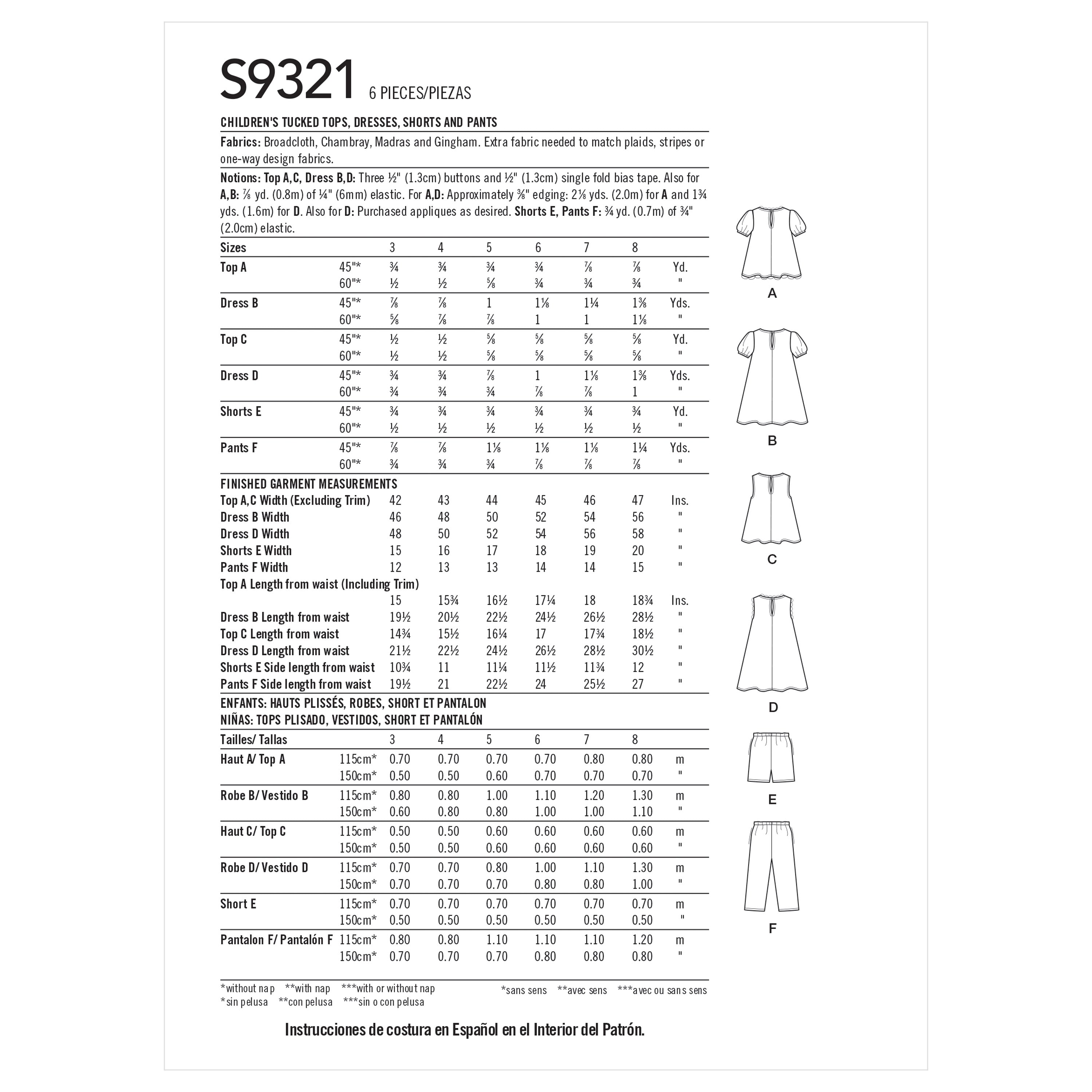 Simplicity Sewing Pattern S9321 Children's Tucked Tops, Dresses, Shorts and Trousers