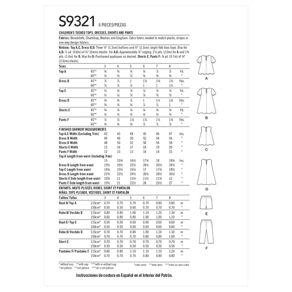 Simplicity Sewing Pattern S9321 Children's Tucked Tops, Dresses, Shorts and Trousers