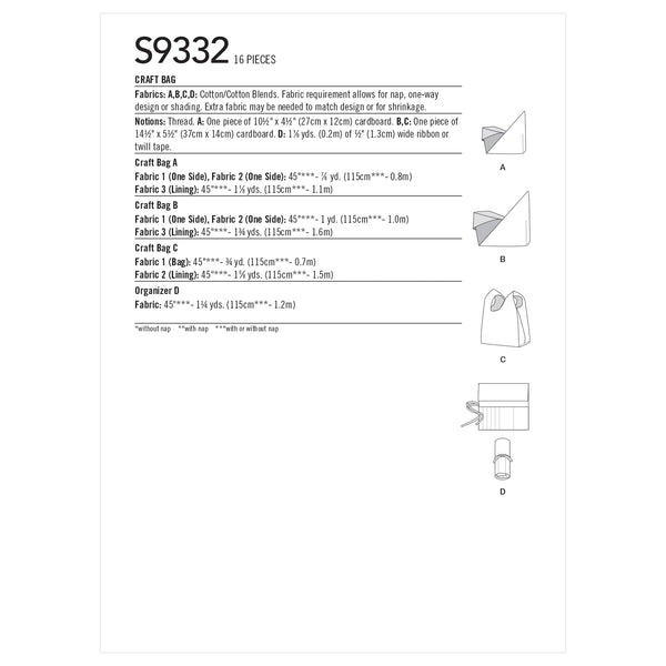 Simplicity Sewing Pattern S9332 Craft Bags