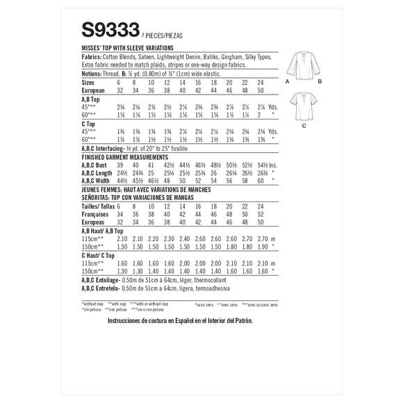 Patrón de costura Simplicity S9333 Blusa para mujer con variaciones en las mangas