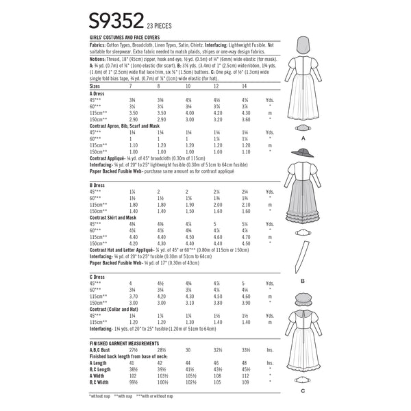 Simplicity Sewing Pattern S9352 Girls' Costumes and Face Covers