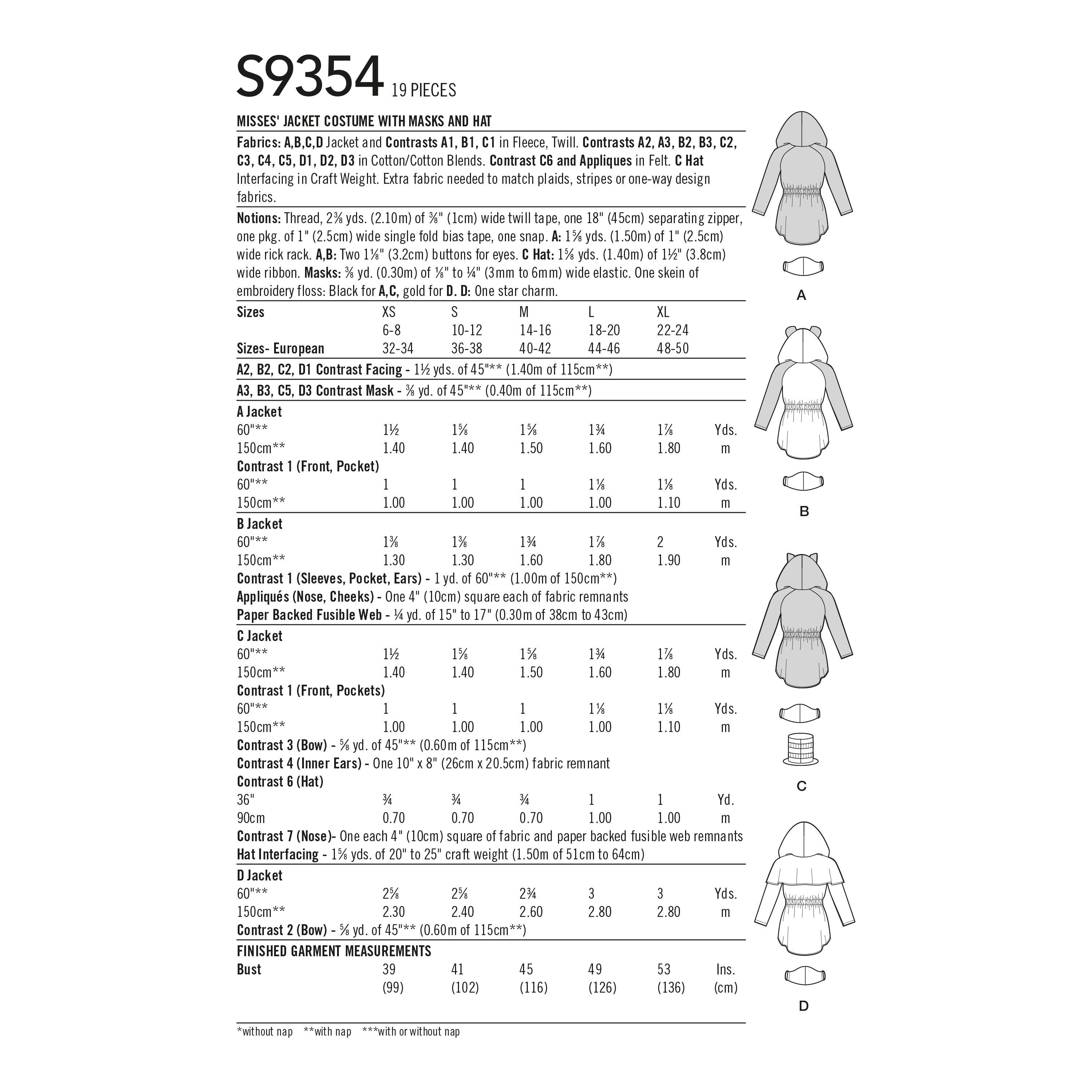 Patrón de costura Simplicity S9354 Chaqueta de disfraz para señora con máscaras y sombrero