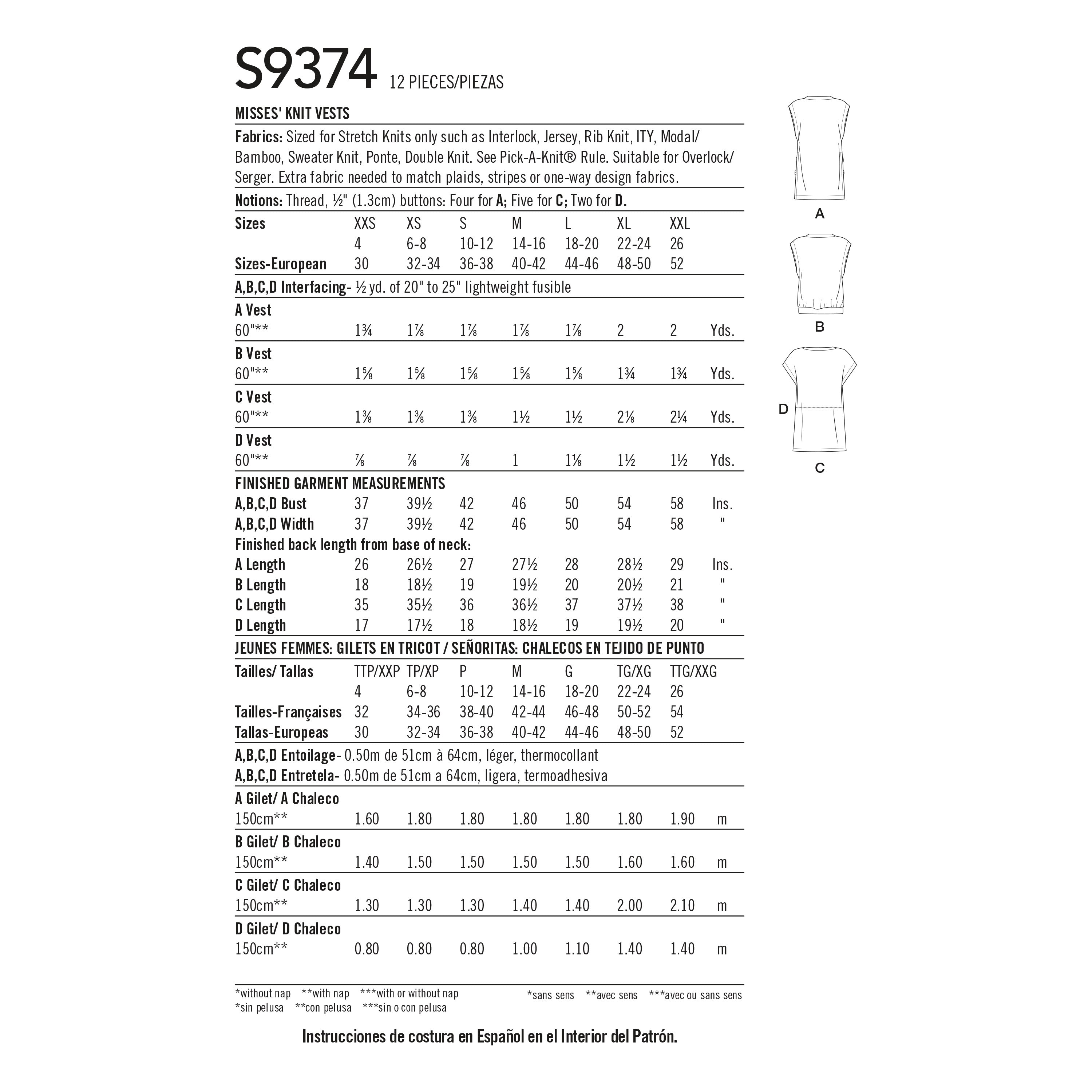 Patrón de costura Simplicity S9374 Chalecos de punto para señoras