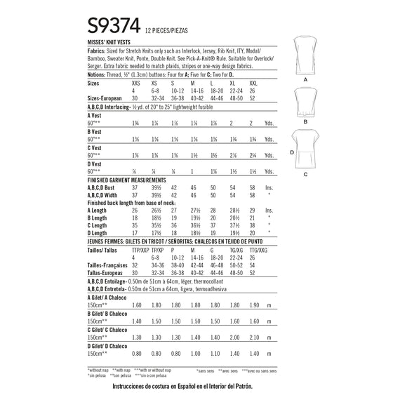 Simplicity Sewing Pattern S9374 Misses' Knit Waistcoats
