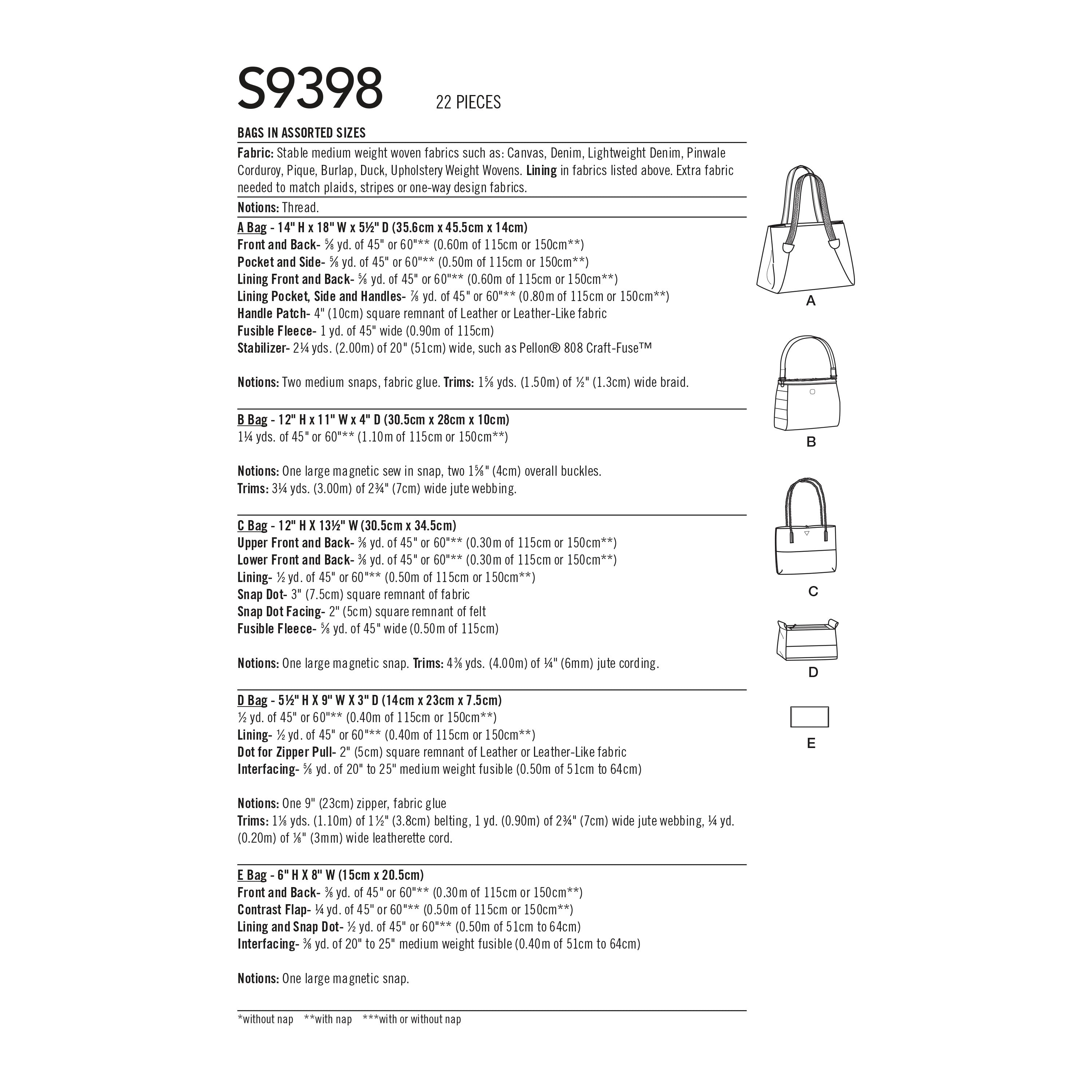 Simplicity Sewing Pattern S9398 Assorted Tote Bag, Bag and Clutch