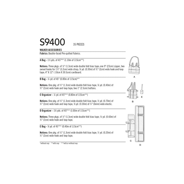 Simplicity Sewing Pattern S9400 Mobility Walker Accessories, Bag and Organizer