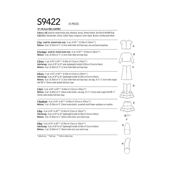 Patrón de costura Simplicity S9422 Ropa para muñecas