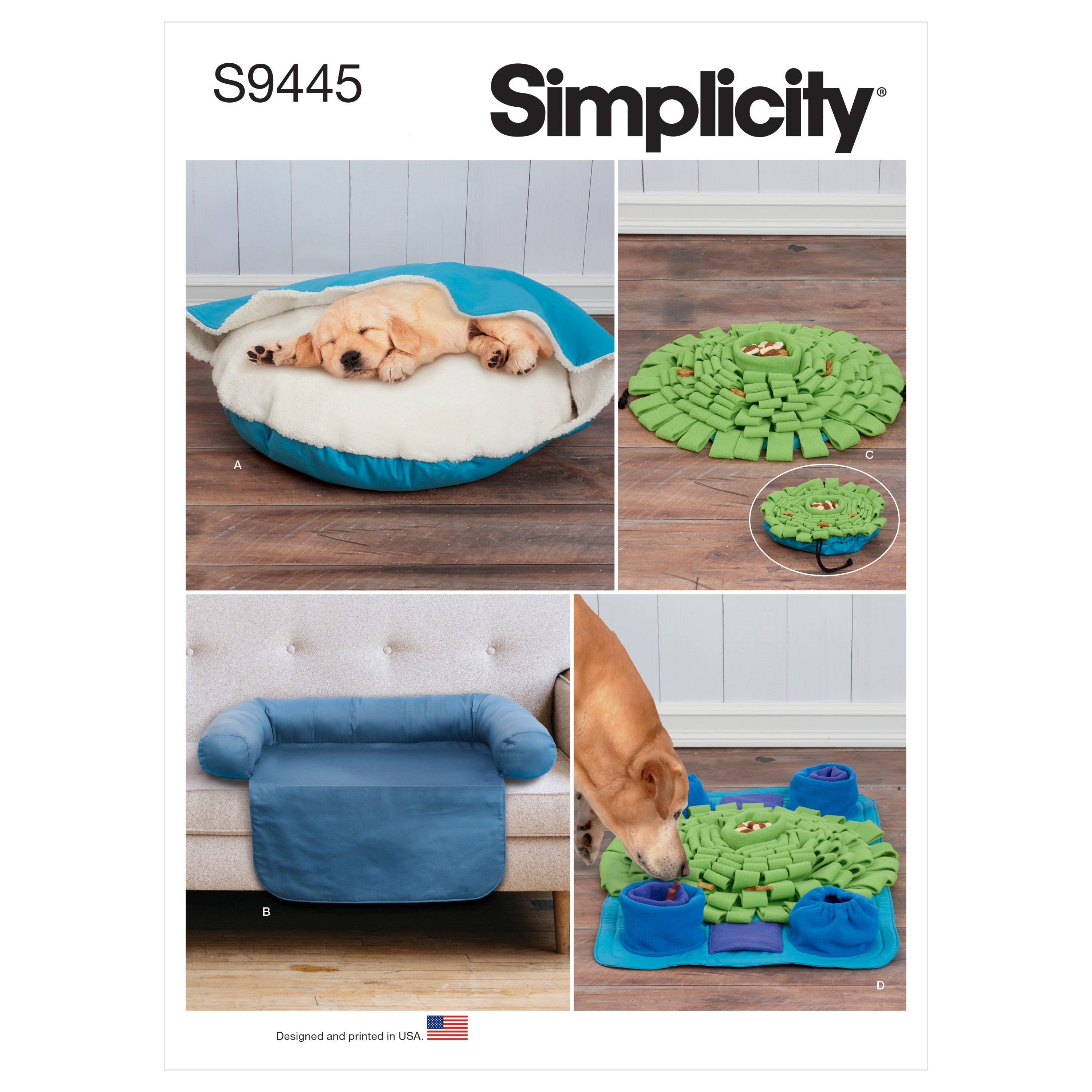 Patrón de costura Simplicity S9445 Cama para mascotas en dos tamaños, funda para silla y tapetes de juego