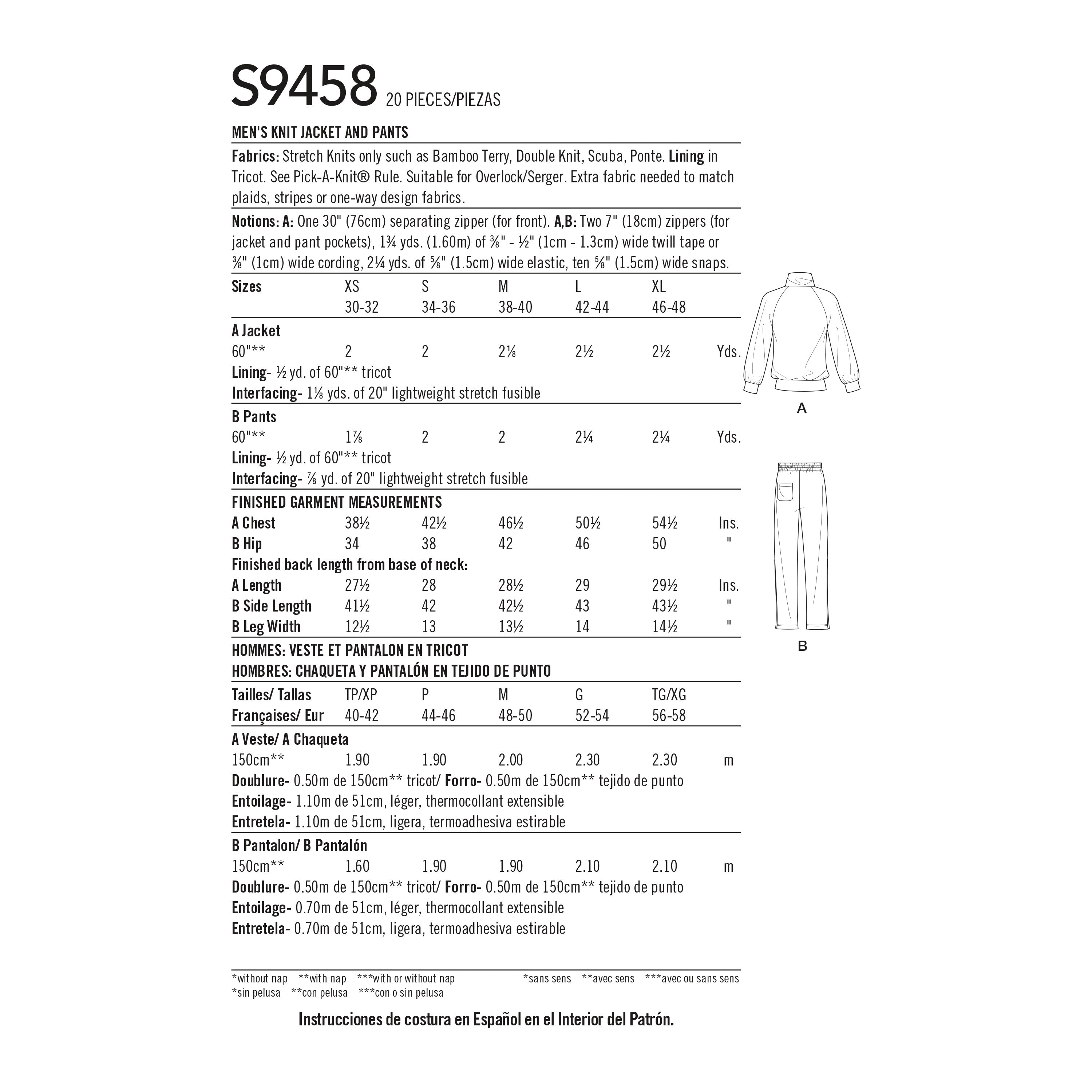 Simplicity Sewing Pattern S9458 Mimi G Men's Jacket and Jogger Bottoms