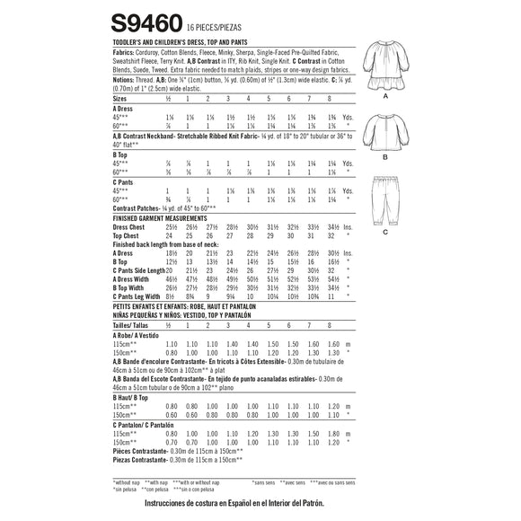 Simplicity Sewing Pattern S9460 Toddlers' and Children's Dress, Top and Trousers