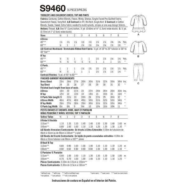 Simplicity Sewing Pattern S9460 Toddlers' and Children's Dress, Top and Trousers