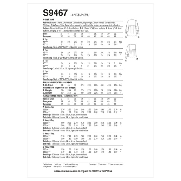 Simplicity Sewing Pattern S9467 Misses' Blouses