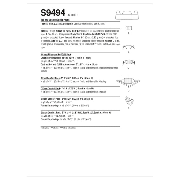 Simplicity Sewing Pattern S9494 HOT AND COLD COMFORT PACKS
