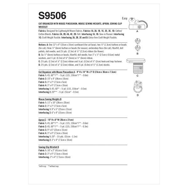 Simplicity Sewing Pattern S9506 CAT ORGANIZER WITH MOUSE PINCUSHION, MOUSE SEWING WEIGHTS, APRON, SEWING CLIP WRISTLET