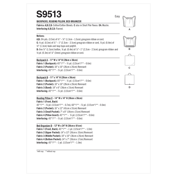 Simplicity Sewing Pattern S9513 BACKPACKS, READING PILLOW, BED ORGANIZER