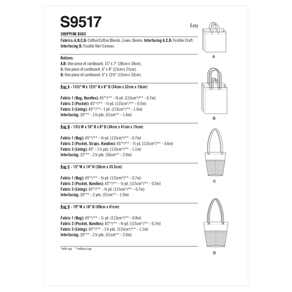 Simplicity Sewing Pattern S9517 SHOPPING BAGS