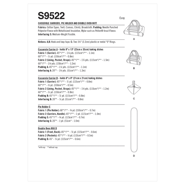 Simplicity Sewing Pattern S9522 CASSEROLE CARRIERS, PIE HOLDER AND DOUBLE OVEN MITT