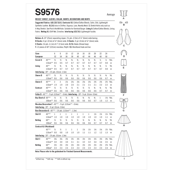 Simplicity Sewing Pattern S9576 CORSET, SLEEVES, COLLAR, SHORTS, DECORATIONS AND SKIRTS