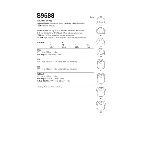 Patrón de costura Simplicity S9588 GORROS Y BABEROS PARA BEBÉS