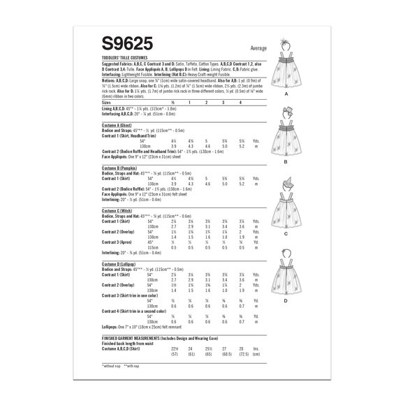 Simplicity Sewing Pattern S9625 TODDLERS' TULLE COSTUMES BY ANDREA SCHEWE DESIGNS