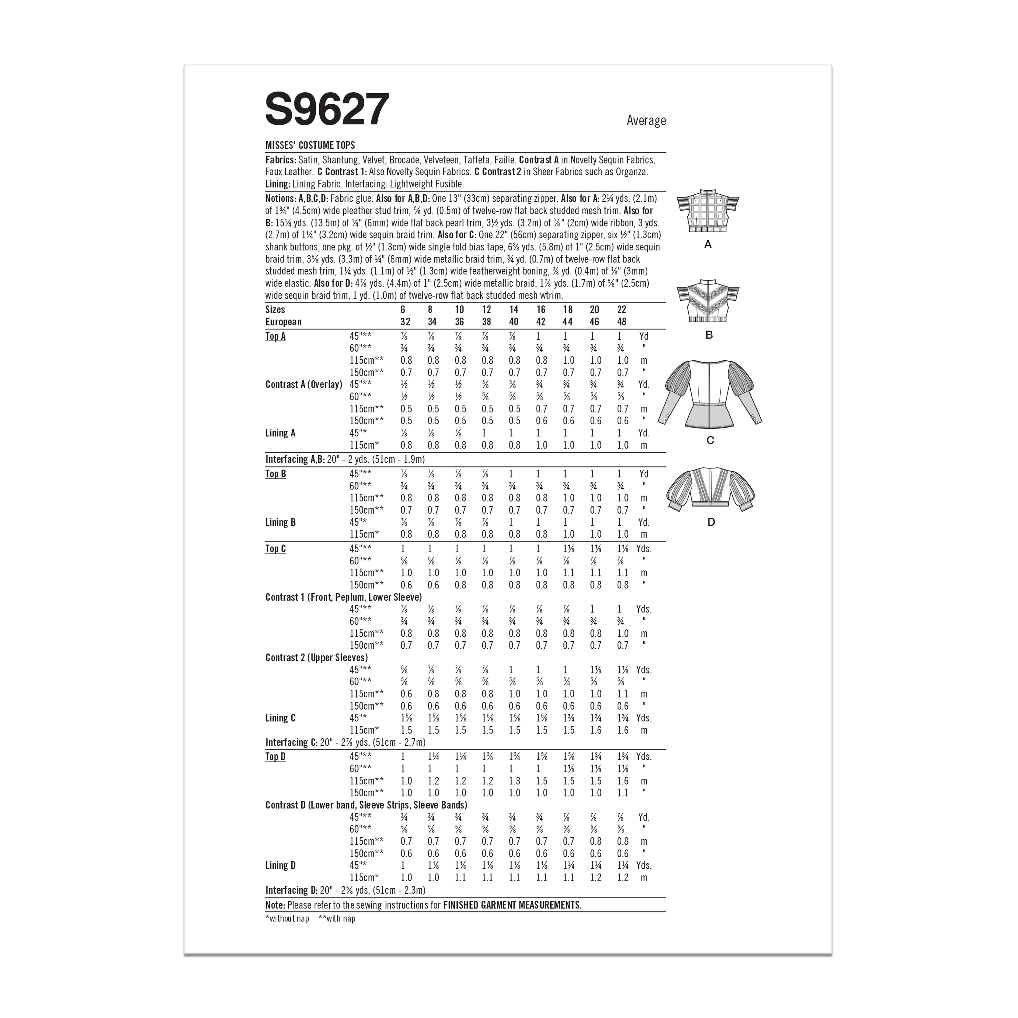 Simplicity Sewing Pattern S9627 MISSES' COSTUME TOPS BY ANDREA SCHEWE DESIGNS