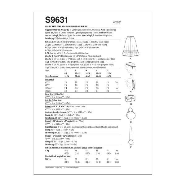 Simplicity Sewing Pattern S9631 MISSES' PETTISKIRT IN SIZES XS TO XL, HAIR ACCESSORIES AND PURSE