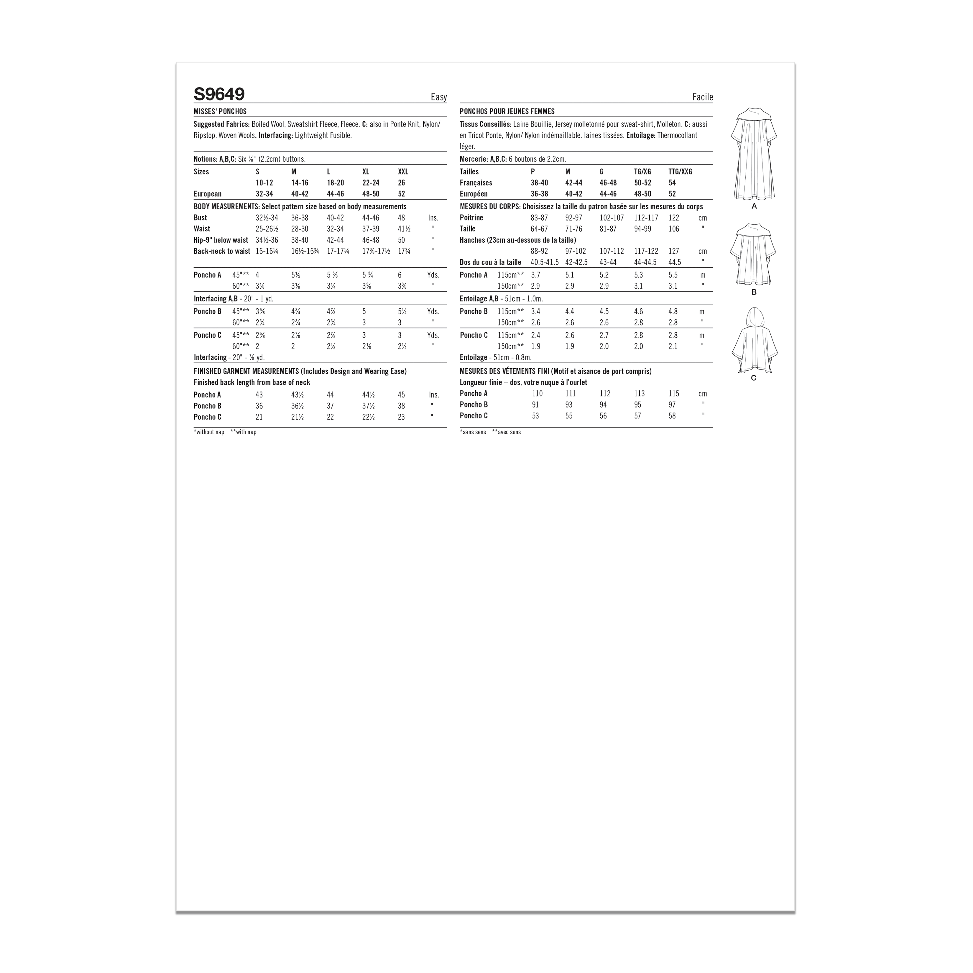 Simplicity Sewing Pattern S9649 MISSES' PONCHOS