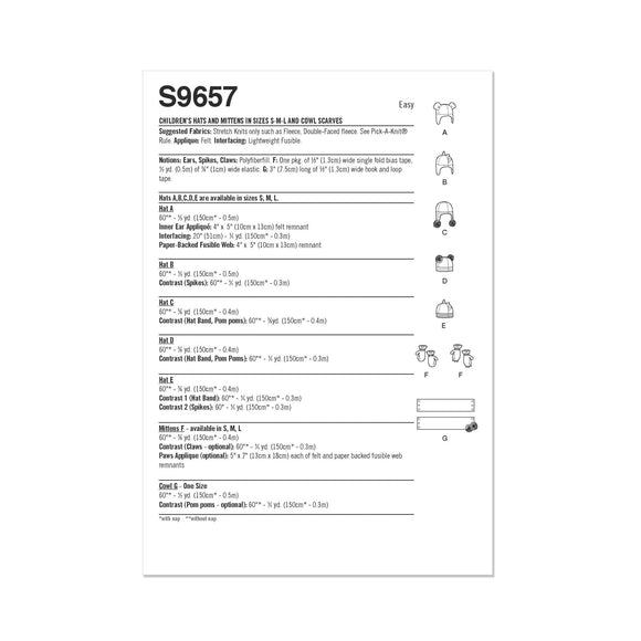 Patrón de costura Simplicity S9657 GORROS Y MANOPLAS PARA NIÑOS EN TALLAS SML Y BUFANDAS CON CAPUCHA
