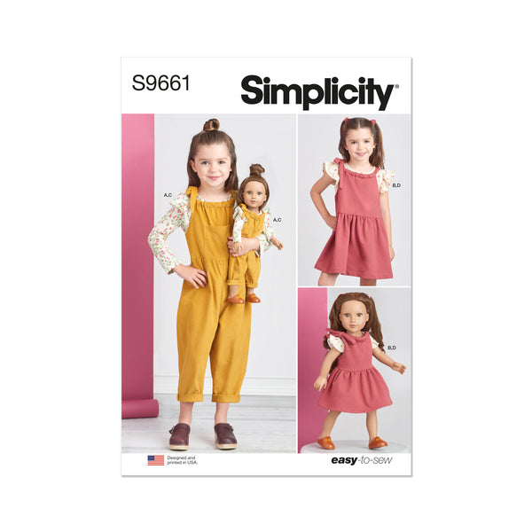 Simplicity Sewing Pattern S9661 CHILDREN'S KNIT TOPS, OVERALLS, AND JUMPER AND DOLL CLOTHES FOR 18" DOLL