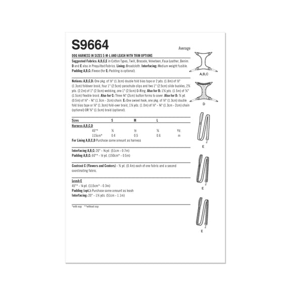 Simplicity Sewing Pattern S9664 DOG HARNESS IN SIZES S-M-L AND LEASH WITH TRIM OPTIONS